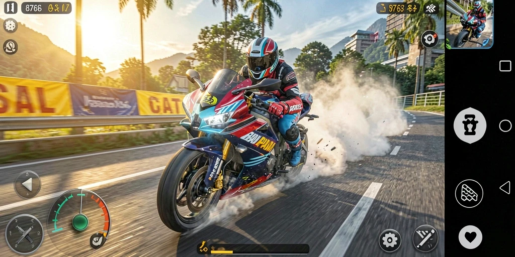 Screenshot gameplay 8768 dengan aksi balapan motor yang seru.