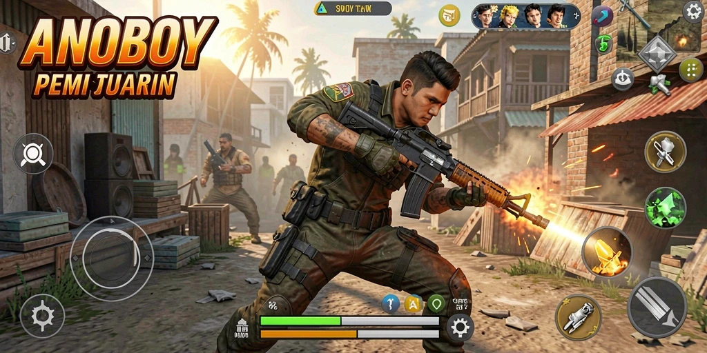 Screenshot utama ANOBOY menampilkan aksi seru dalam pertempuran yang mendebarkan.