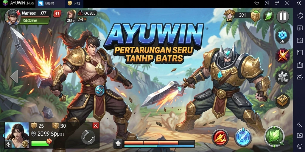 Tangkapan layar AYUWIN menampilkan pertarungan seru antara karakter yang berbeda.