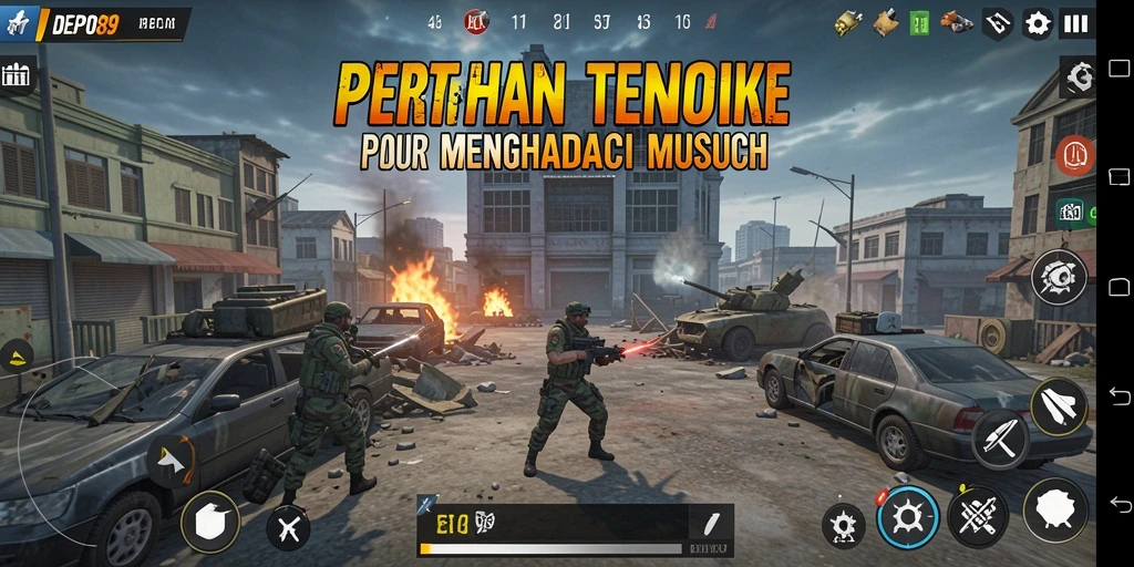 Screenshot gameplay DEPO89 menampilkan menara dan musuh yang intens.