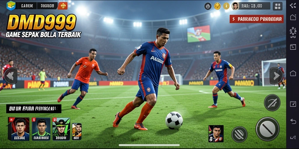 Tampilan gameplay DMD999 dengan aksi sepak bola mendebarkan.