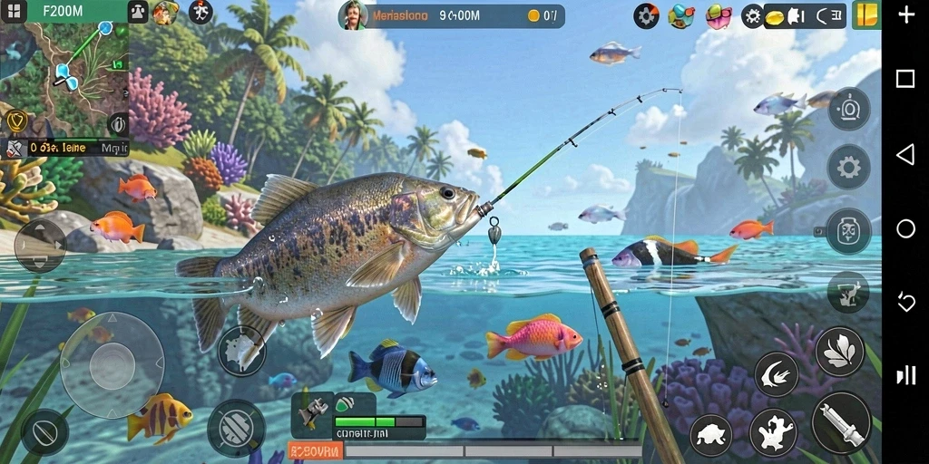 Screenshot F200M menampilkan pemain yang menangkap ikan dengan latar belakang indah.