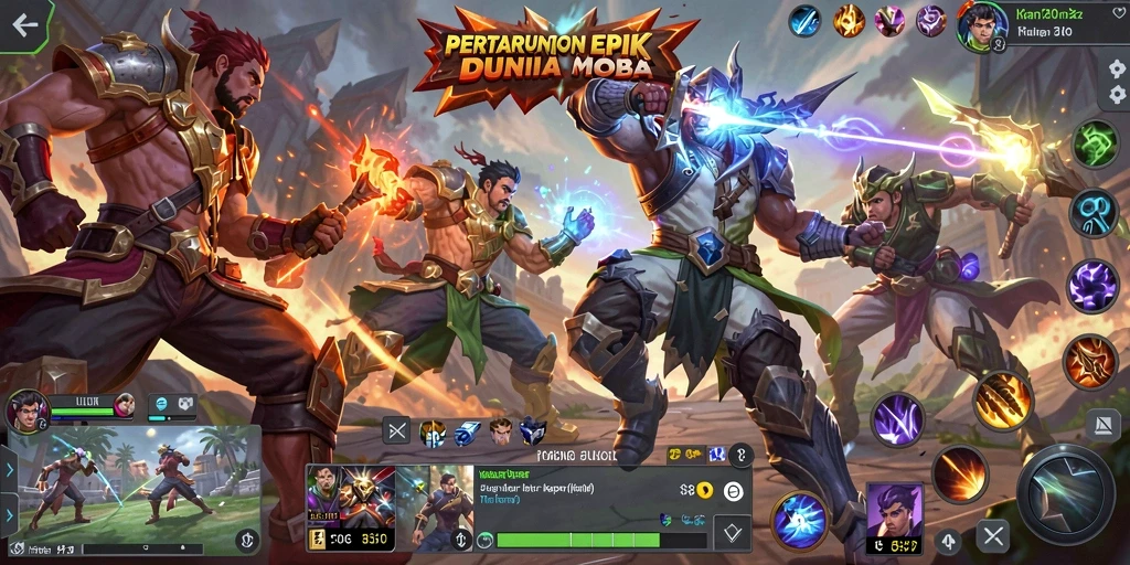 Tampilan gameplay yang memukau dari konflik dalam permainan MOBA.