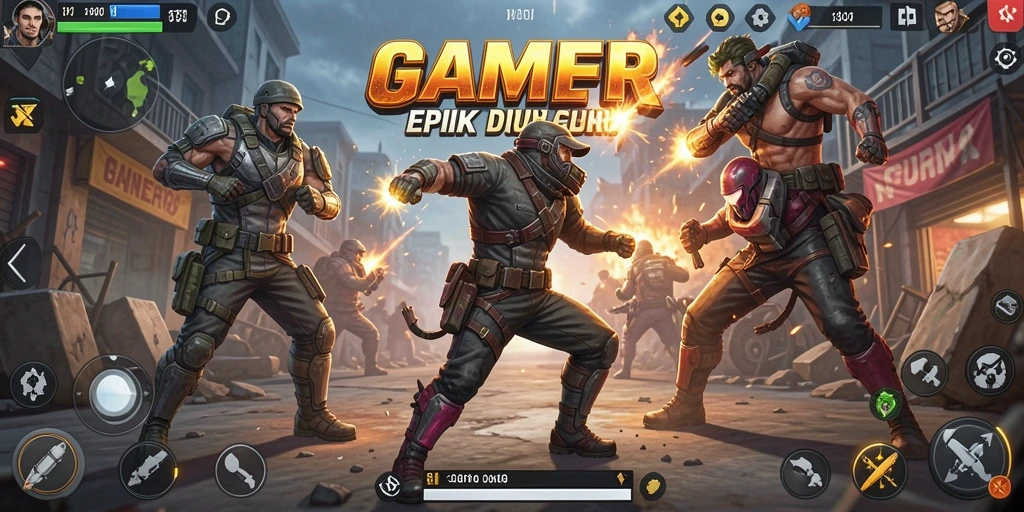 Screenshot utama GAMERP menampilkan aksi seru dalam pertempuran.