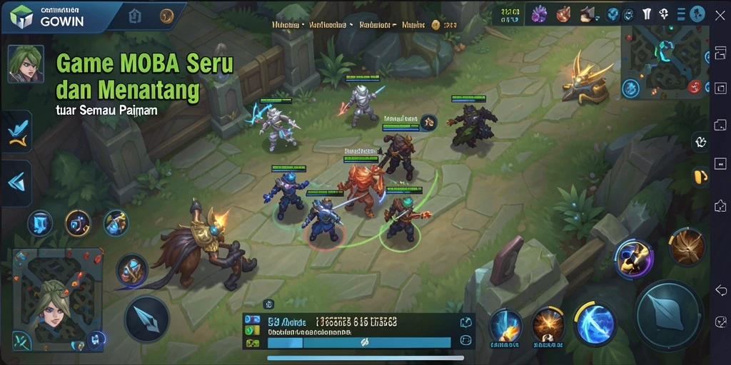 Screenshot GOWIN menampilkan aksi pertempuran MOBA yang seru dan intens.