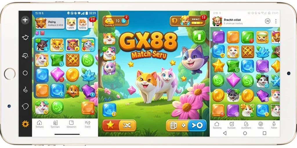 Screenshot GX88 menampilkan aksi gameplay seru Match-3 yang penuh warna.
