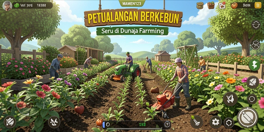 Tangkapan layar dari gameplay MAMEN123 yang menampilkan aktivitas berkebun.