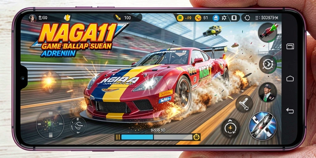 Tampilan gameplay menegangkan dan cepat dari NAGA11 saat balapan.