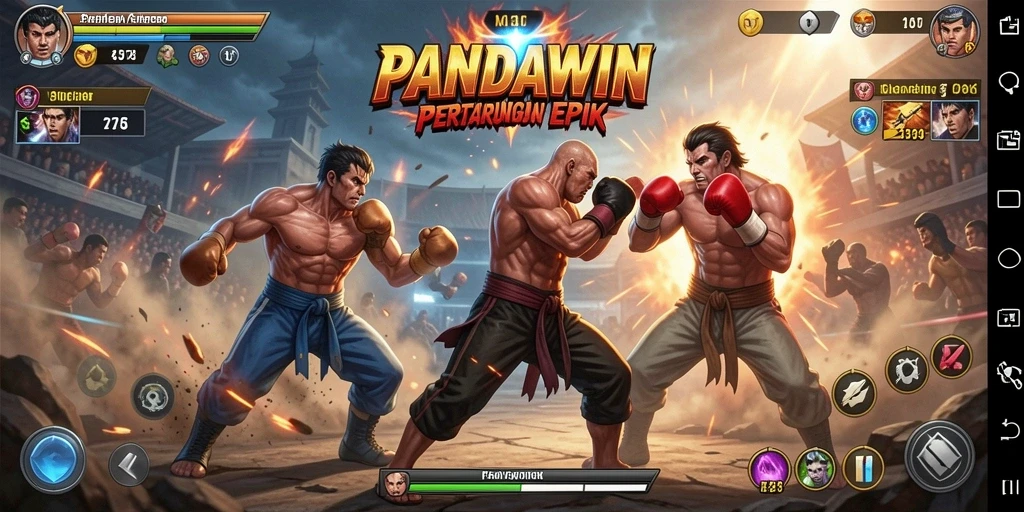 Tangkapan layar menunjukkan karakter bertarung dalam arena memukau di PANDAWIN.
