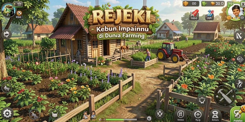 Tampilan gameplay <strong>REJEKI</strong> dengan kebun yang indah dan berbagai tanaman.