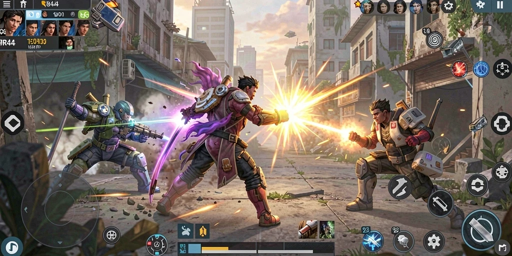 Screenshot gameplay RR44 menampilkan pertarungan seru antara karakter berbeda.