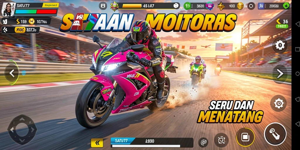 Gameplay menegangkan di trek balap SATU77 dengan motor cepat.