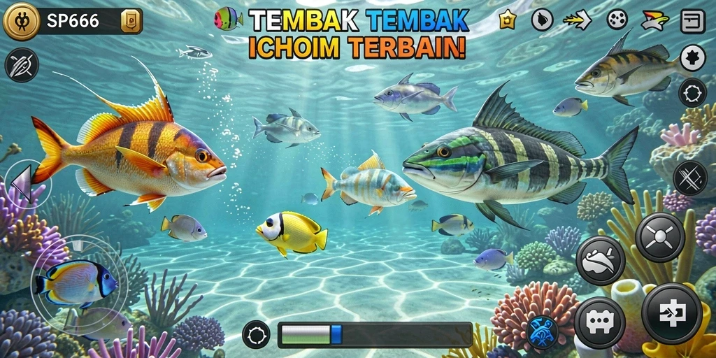 Tampilan gameplay SP666 dengan ikan yang berwarna-warni dan seru.