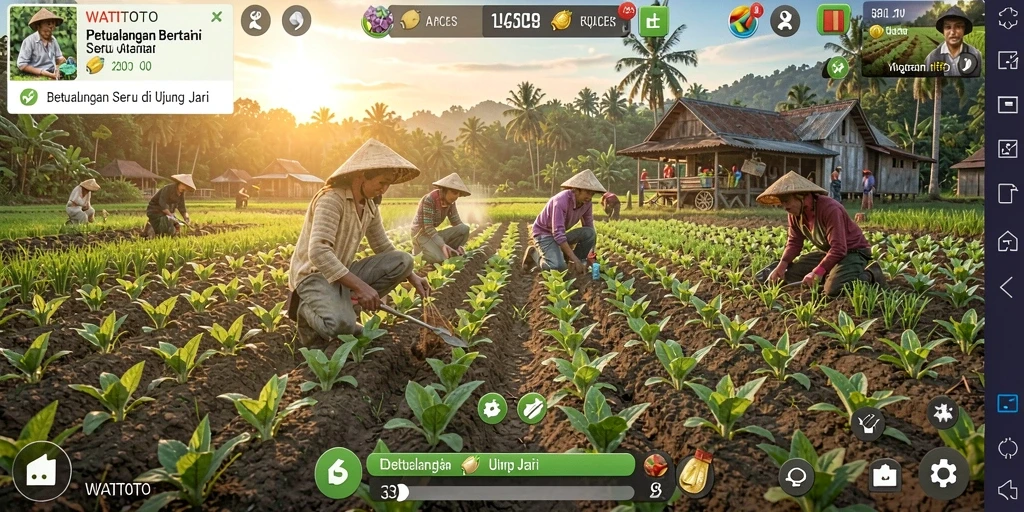 Tangkapan layar gameplay WATITOTO dengan pemandangan kebun yang indah.